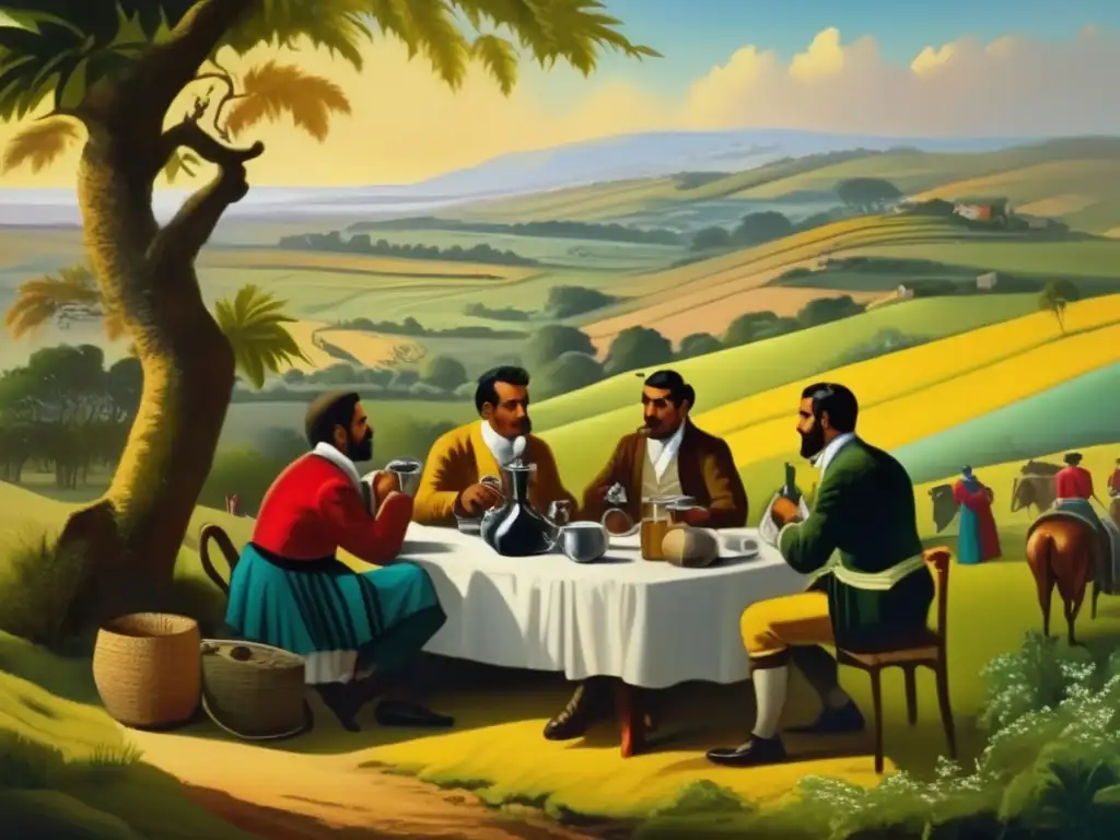 Tradición del mate en literatura: Pintura vintage de gauchos disfrutando mate en el paisaje del Plata