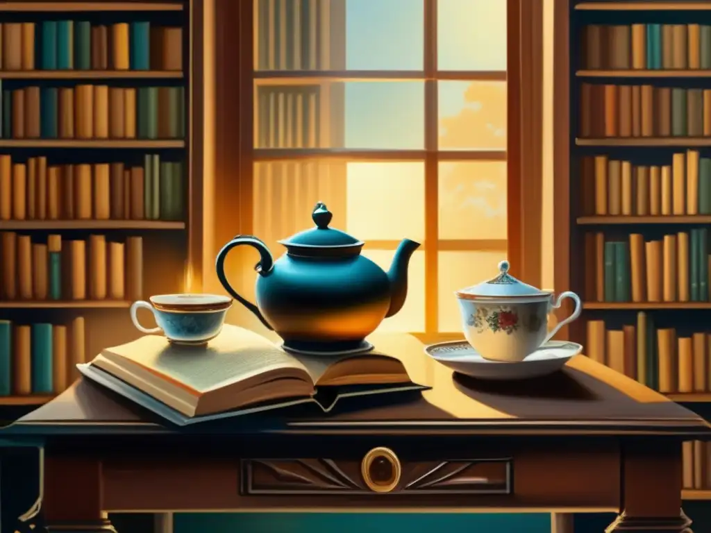 Tradición del mate en la literatura: pintura vintage de biblioteca acogedora con libros, mesa de madera, tetera y tazas delicadas