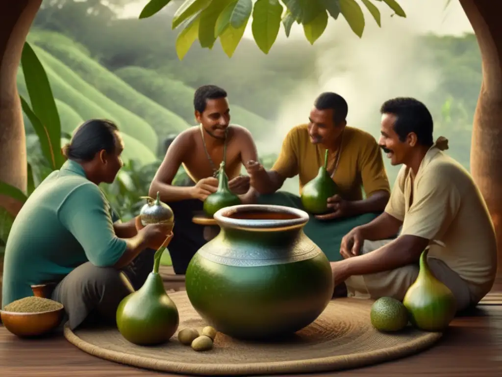 Disfrutar mate como local en Brasil: reunión al aire libre rodeada de naturaleza exuberante, mate oscuro en mate de plata, bombillas y vapor etéreo