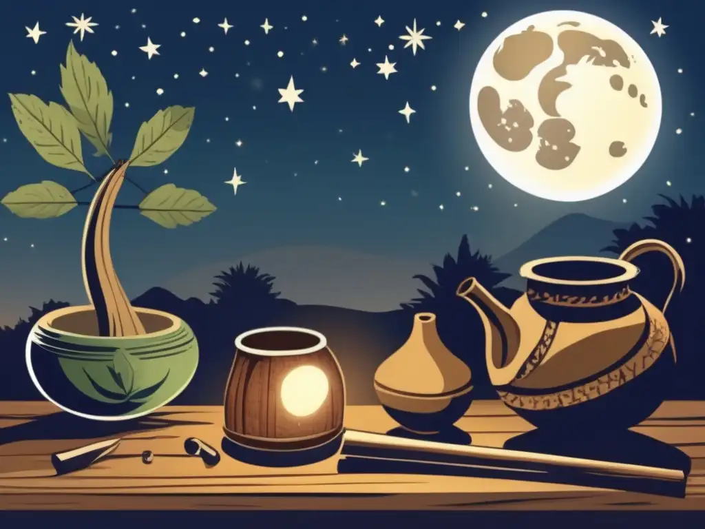 Ilustración vintage de preparación de mate bajo la luna - Influencia fases lunares yerba mate