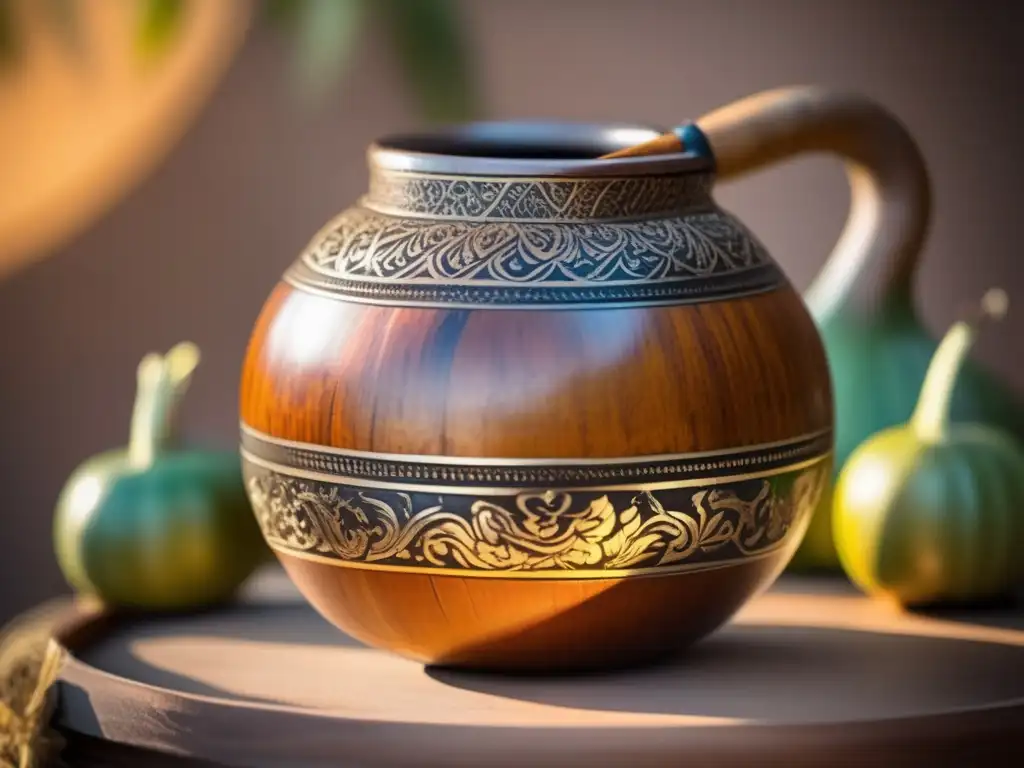 Gourd de mate de madera antigua con adornos intrincados y yerba mate