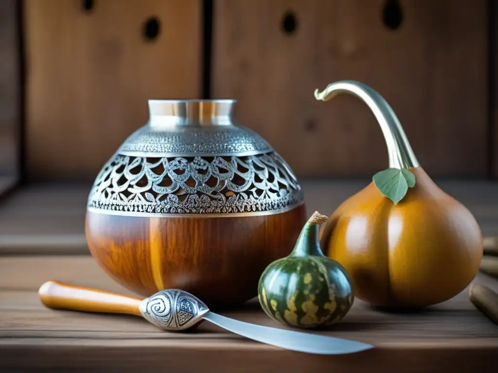 Mate de madera vintage y bombilla en mesa rústica - Técnicas de cebado del mate auténtico