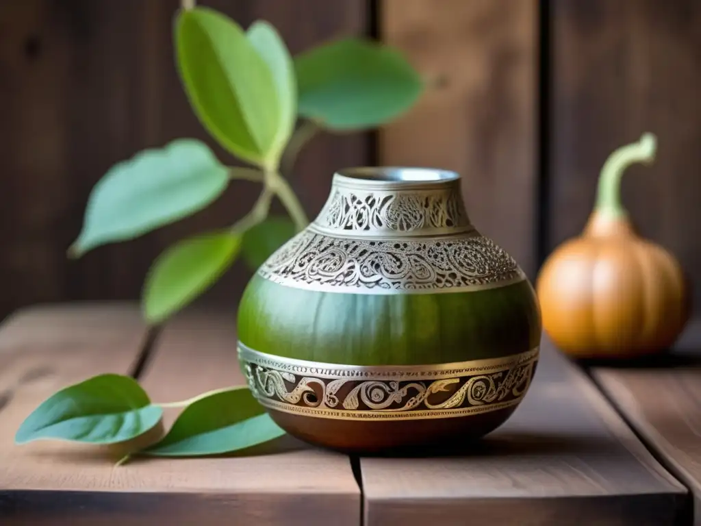 Tradición del mate en la región rioplatense, gourd de madera vintage con yerba mate y bombilla de plata en mesa rústica