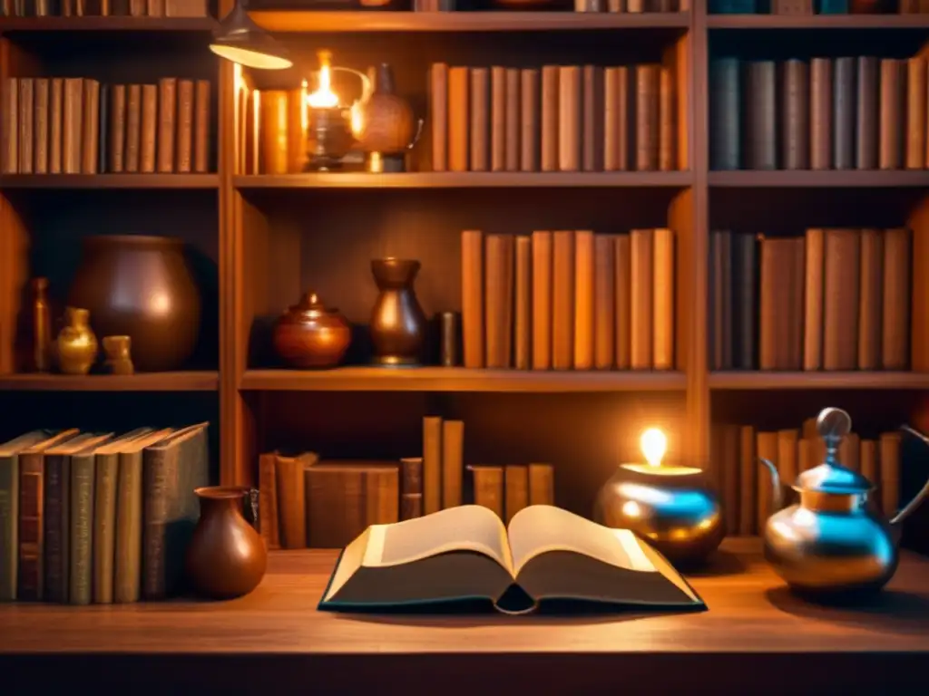 Cozy room with wooden bookshelves, mate gourd, and vintage lamp - Máquinas cebadoras automáticas de mate