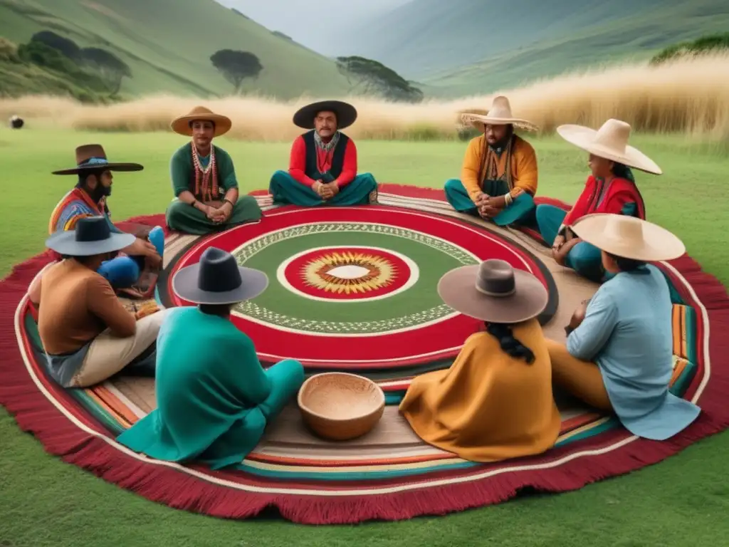 Tradición del mate en la región rioplatense: Mate gathering with traditional attire, handcrafted mate cups, and lively conversations