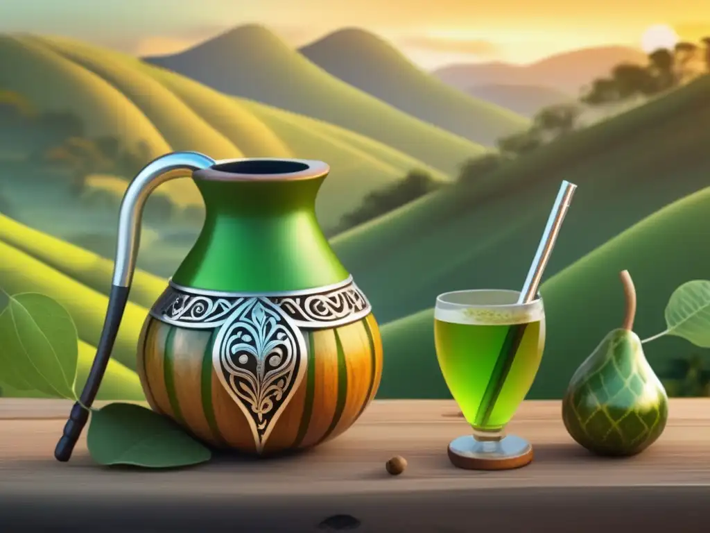 Tradición del mate en la región: ilustración vintage de mate adornado con carvings y bombilla plateada, con yerba mate y paisaje rioplatense al fondo