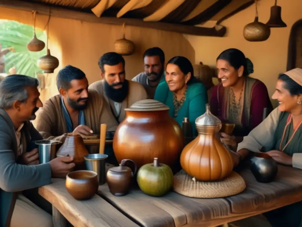 Tradición del mate en la región rioplatense: reunión vintage de mate con amigos alrededor de una mesa de madera y accesorios antiguos