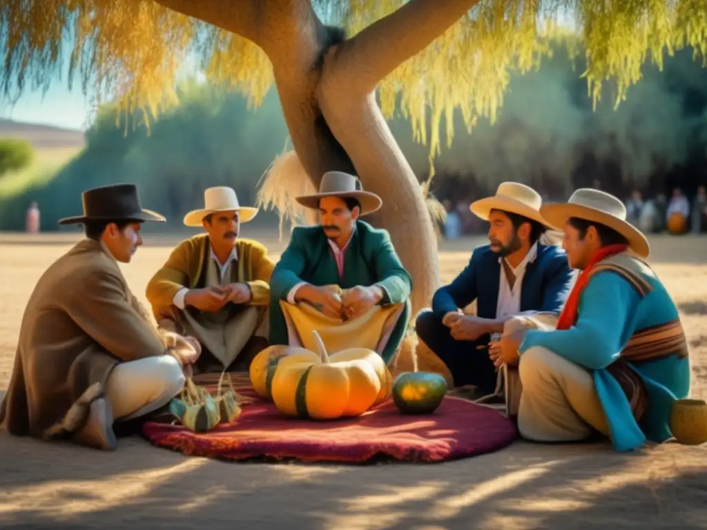 Tradición del mate en la región: Ceremonia de mate bajo un árbol, con amigos vestidos de gauchos, compartiendo infusiones y risas