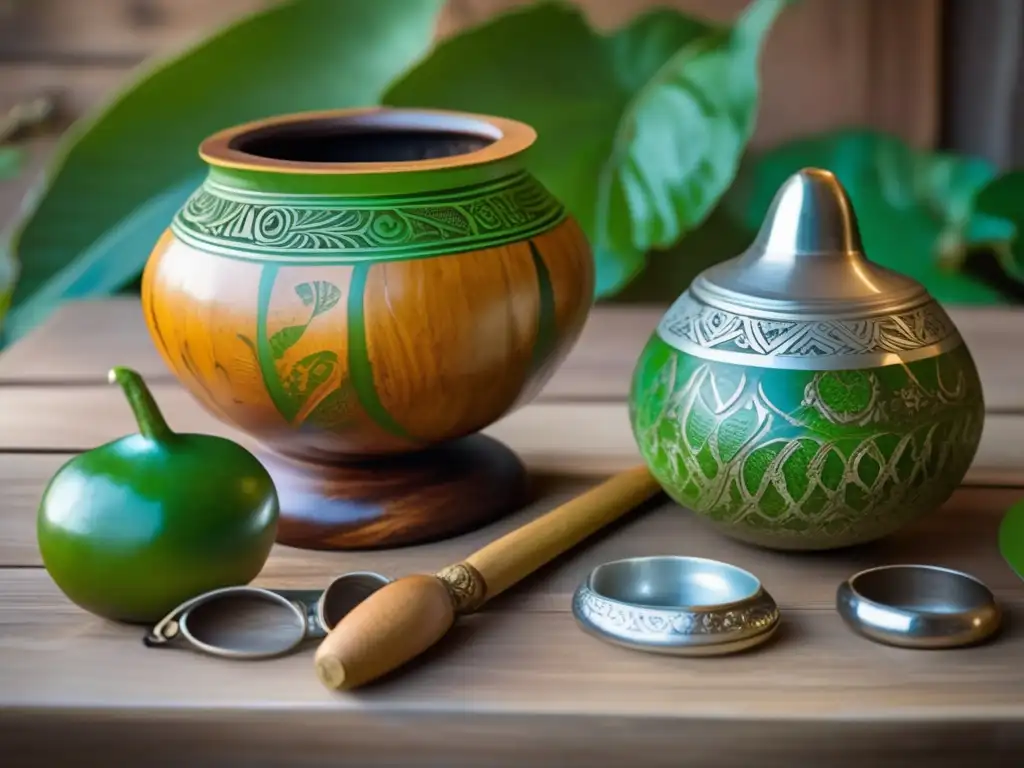 Tradición del mate en la región rioplatense: gourd, yerba mate, bombilla y accesorios en una mesa rústica con mapa de fondo