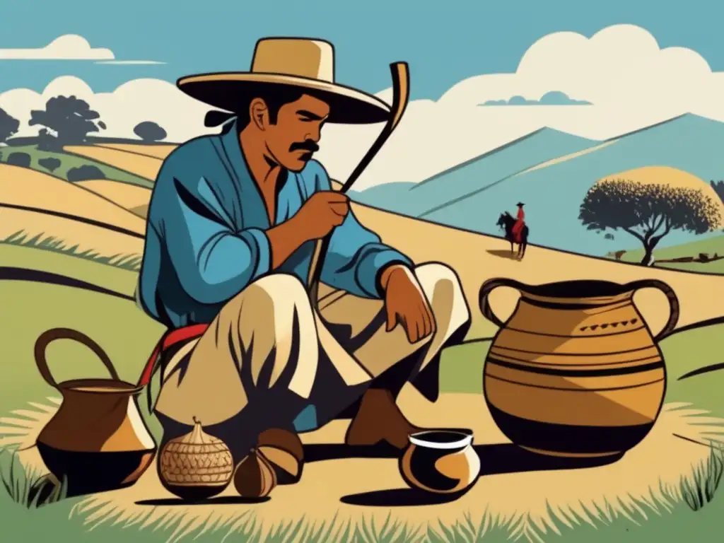 Evolución del mate en la región: tradicional gaucho preparando mate en el campo, con detalles y nostalgia