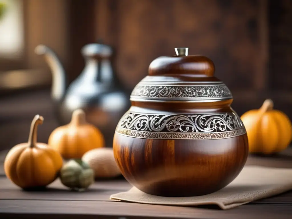 Tradición del mate en la región: Mate gourd, yerba mate, bombilla, vintage wooden table, silver, warm glow, faded vintage map, cultural significance