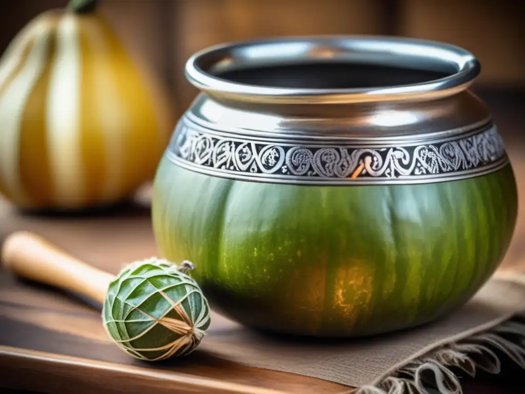 Tradición del mate en Argentina: gourd de mate con detalles de plata en una mesa de madera