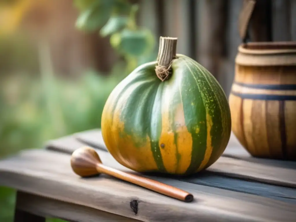 Tradición del mate en la región rioplatense: Gourd mate con detalles vintage y bombilla de plata en mesa de madera rústica