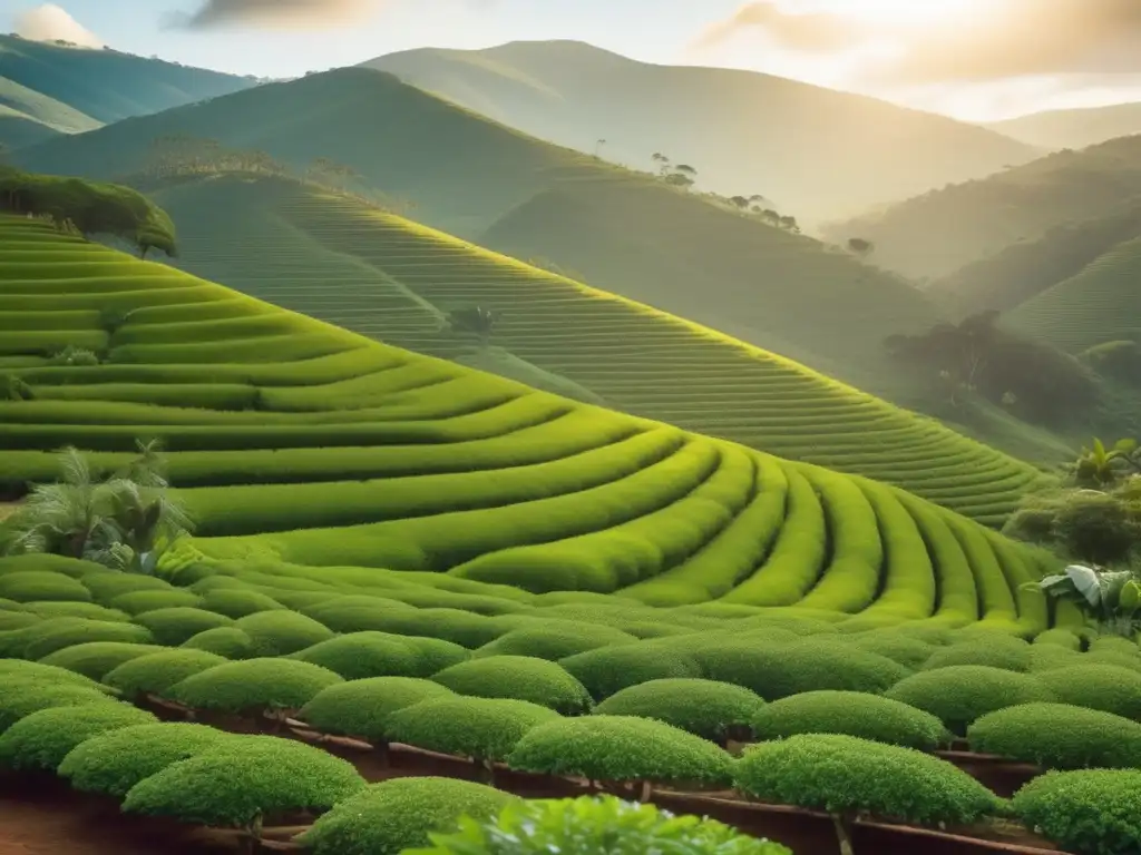 Tradición del mate en la región rioplatense: plantación de yerba mate rodeada de colinas verdes y una mesa con mate y bombilla