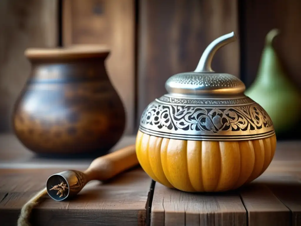 Tradición del mate en el Mercado del Puerto con gourd y bombilla, libros antiguos y ambiente rústico