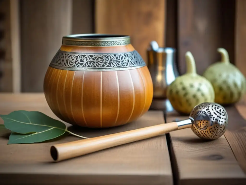 Tradición del mate en Mercado del Puerto: Detalle exquisito de un juego de mate tallado en madera y bombilla, sobre una mesa rústica