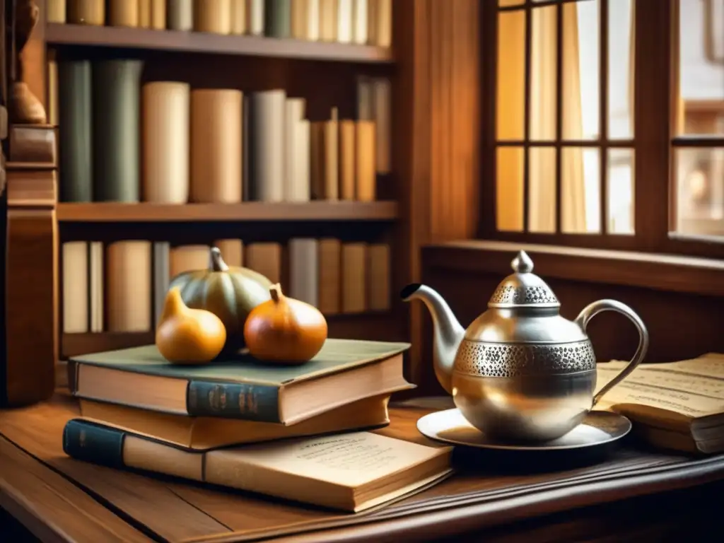 Tradición mate en Mercado del Puerto: escena nostálgica de café tradicional con mate de plata, libros antiguos y ambiente acogedor