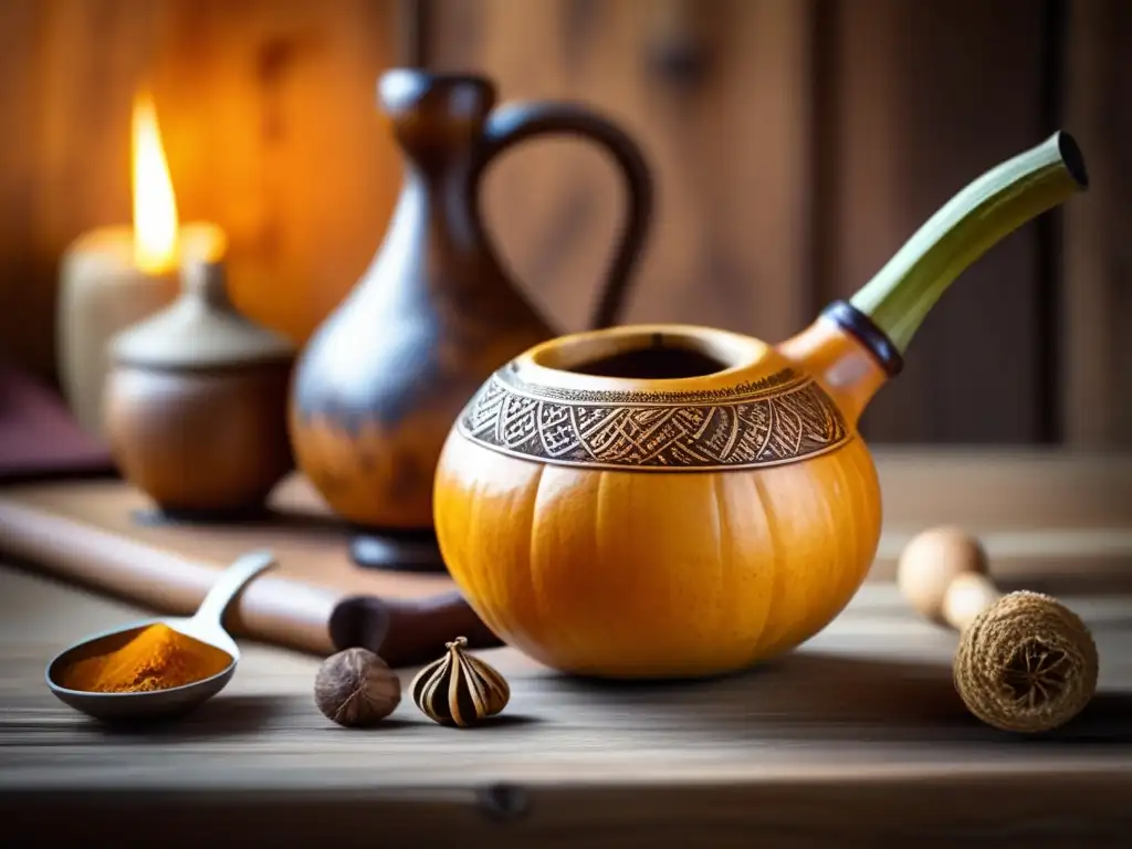 Tradición del mate en la región rioplatense: gourd, bombilla, mesa de madera, libros, periódicos, mate, historia, amistad, nostalgia