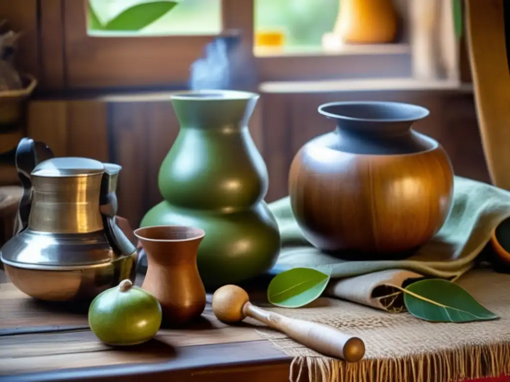 Tradición del mate en la región: imagen de preparación vintage con mesa de madera, mate y bombilla, tetera y tazas de cerámica