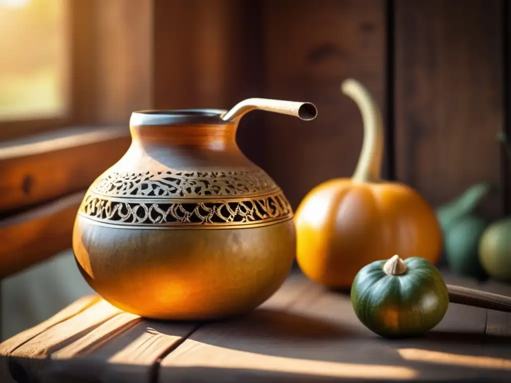 Tradición del mate en la región rioplatense: gourd, bombilla, mesa de madera rústica, yerba mate seca, patrimonio cultural, nostalgia