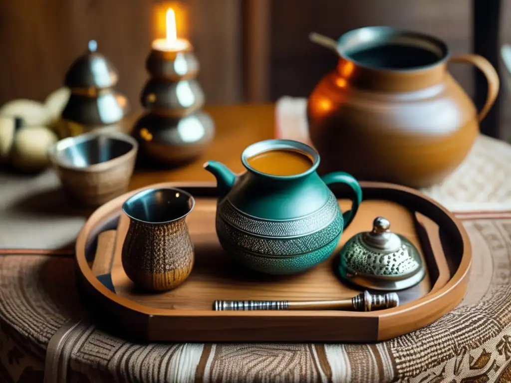 Tradición del mate en la región: ceremonia en una mesa de madera vintage con decoración auténtica