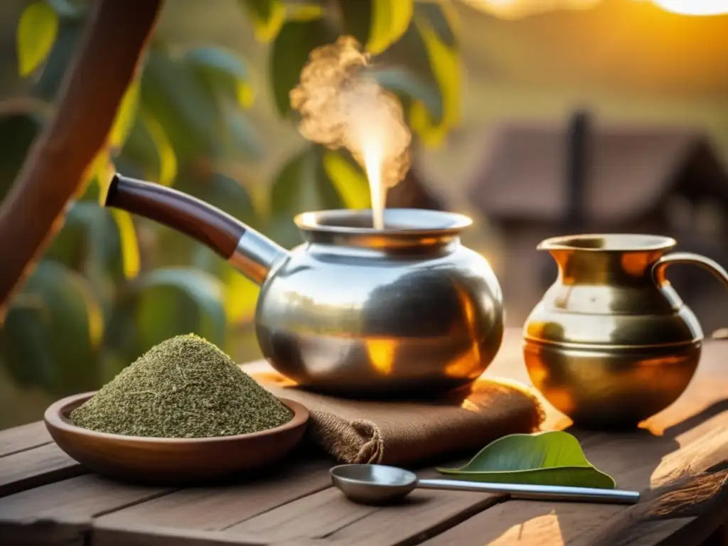 Tradición del mate en la región rioplatense: preparación vintage en mesa rústica con yerba mate, mate, bombilla y hervidor vintage