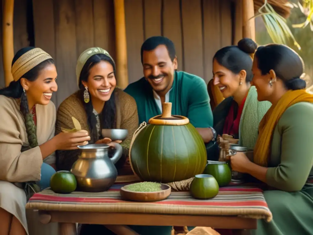 Tradición del mate en Misiones y Corrientes: escena acogedora de reunión mateña con amigos, gourds, bombilla, risas y conexión