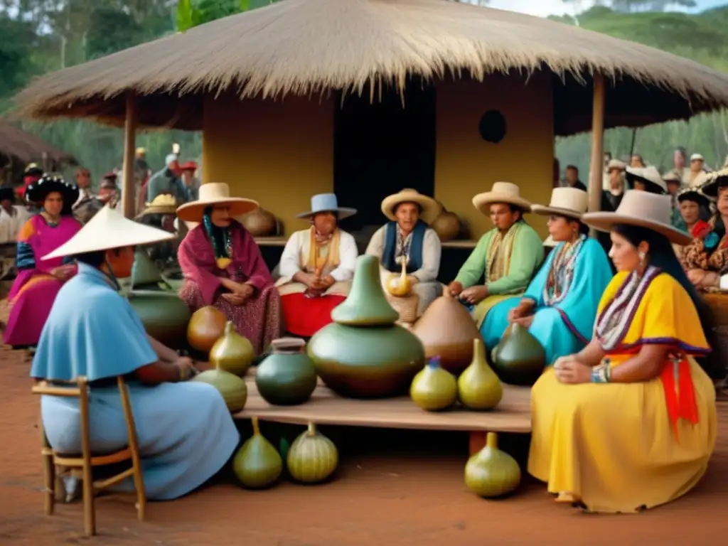 Tradición del mate en Misiones y Corrientes: Ceremonia vintage con personas alrededor de una mesa de madera, mates y bombillas decorativas