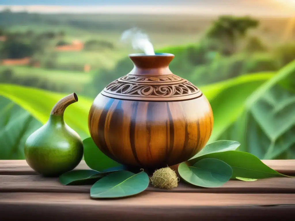 Tradición del mate en Misiones y Corrientes: imagen serena de mate adornado y paisaje exuberante
