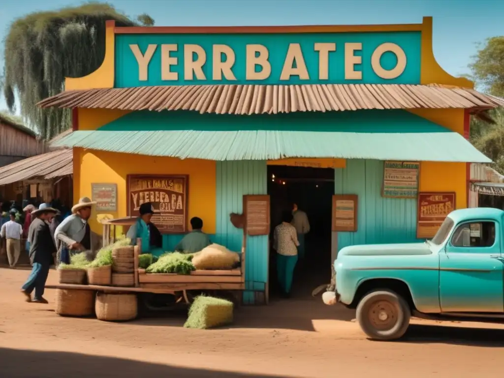 Tradición del mate en Misiones y Corrientes: yerbatero bullicioso con agricultores, empaque y colores vibrantes