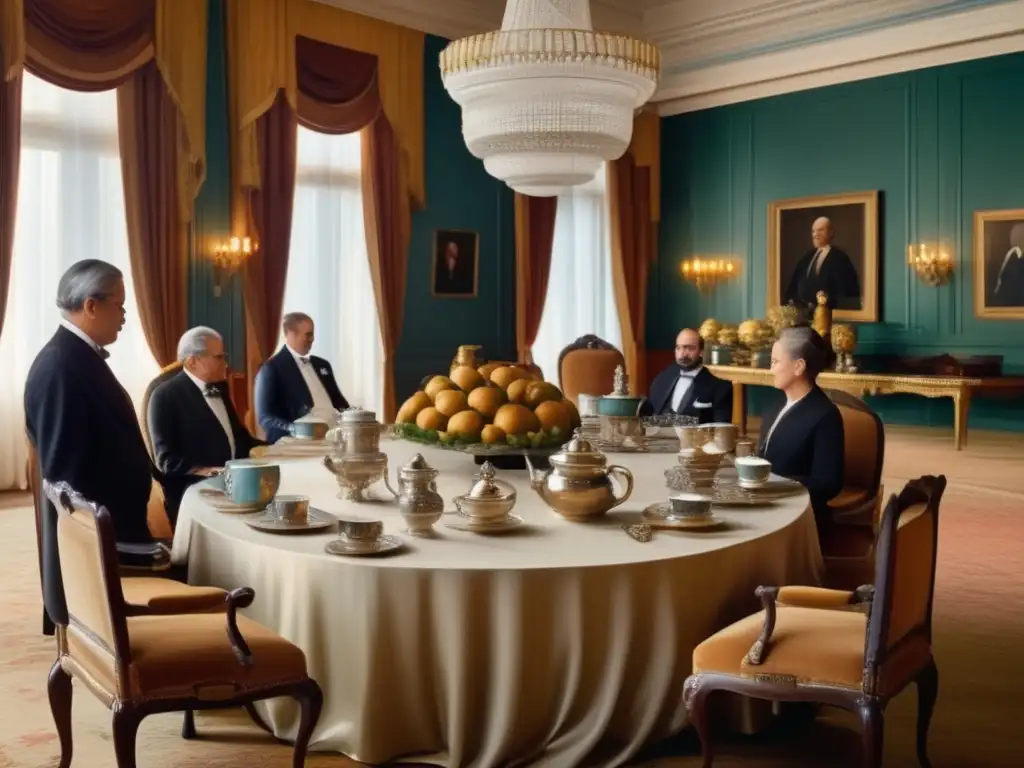 Tradición del mate en Misiones Diplomáticas: Embajada elegante con mesa de té y diplomáticos disfrutando del ritual del mate