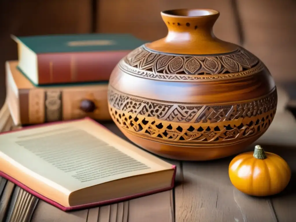 Mate gourd con motivos tradicionales tallados en madera nativa, junto a libros antiguos de cuero