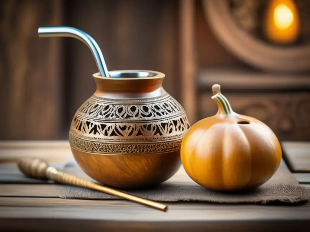 Tradición del mate en el mundo: Vintage mate gourd, bombilla, accesorios y ambiente rústico de madera