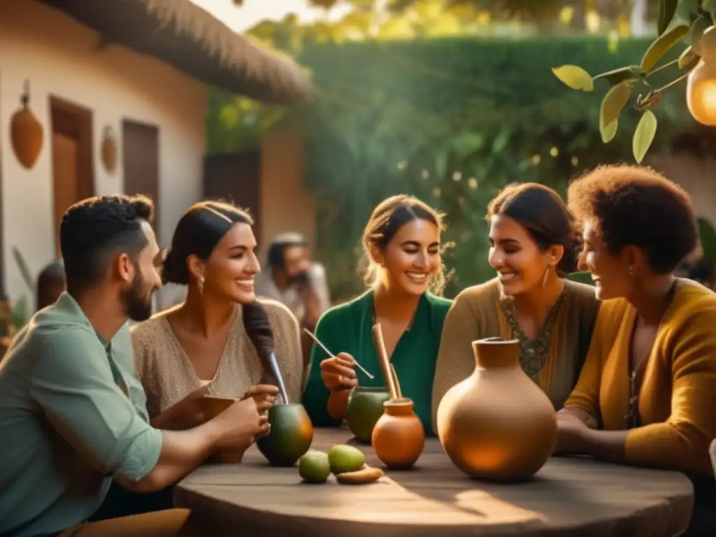 Tradición del mate en el mundo: Reunión de amigos disfrutando del mate en un patio acogedor rodeado de vegetación