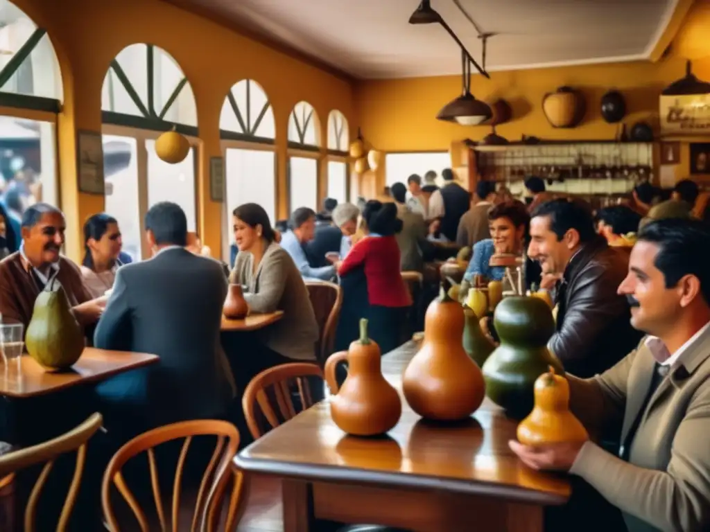 Tradición del mate en el mundo: escena animada de un café en Buenos Aires con personas de diferentes culturas, disfrutando del mate rioplatense