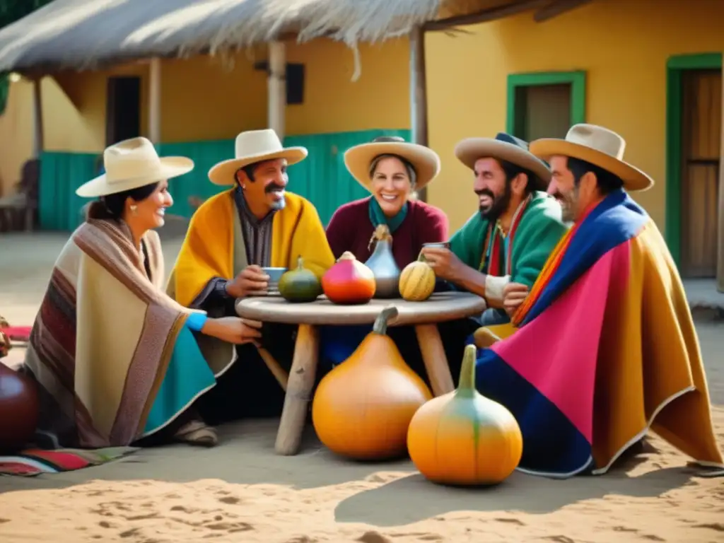 Tradición del mate en el mundo: una reunión vintage de mate en un patio acogedor, con muebles de madera y textiles vibrantes