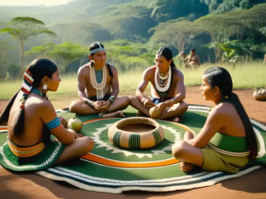 Tradición del mate en el mundo: ceremonia Guarani en la selva, con personajes vestidos en trajes tradicionales y rodeados de utensilios de mate