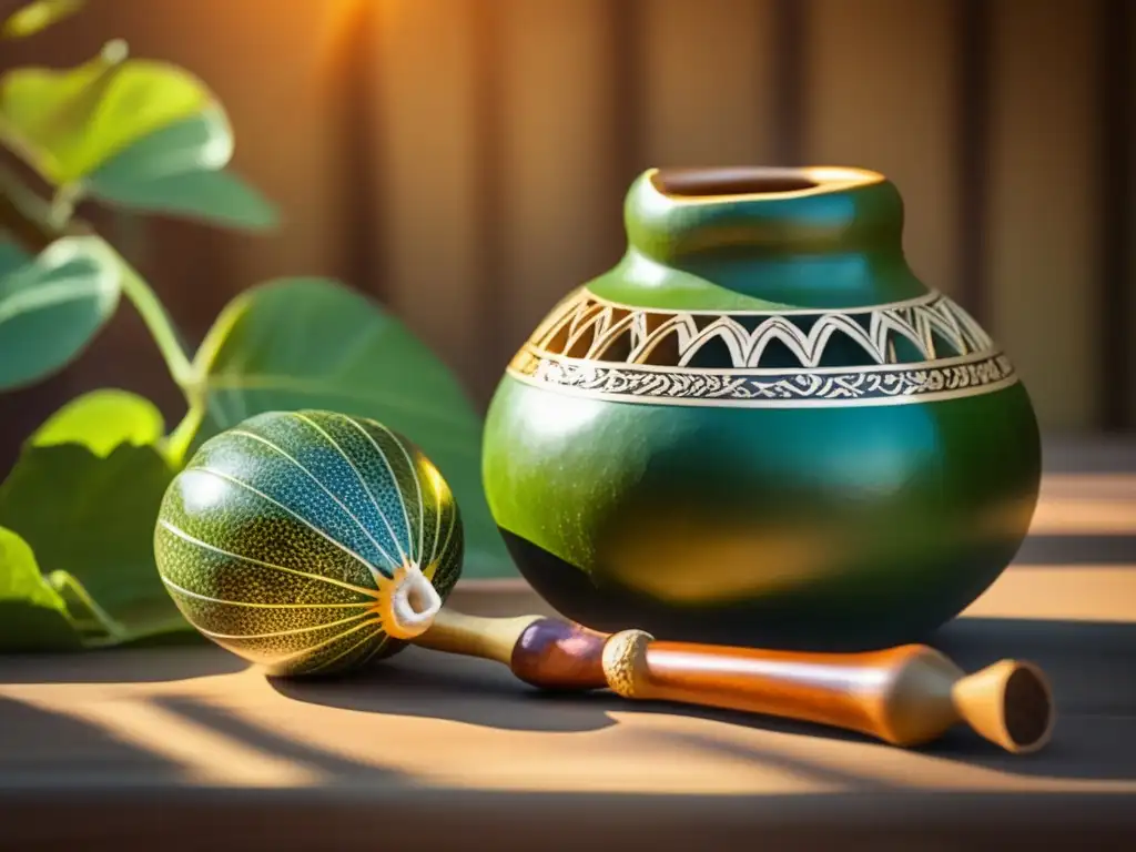 Tradición del mate en el mundo: gourd, bombilla, yerba mate, artesanía, tonos cálidos, contraste, luz solar, historia y cultura