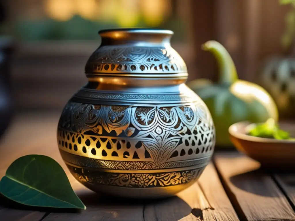 Tradición del mate en el mundo: Gourd mate vintage con detalles tallados, yerba mate y bombilla de plata en mesa rústica