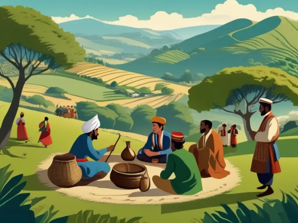 Tradición del mate en la región rioplatense: ilustración vintage con paisaje campestre, personas en ceremonia de mate