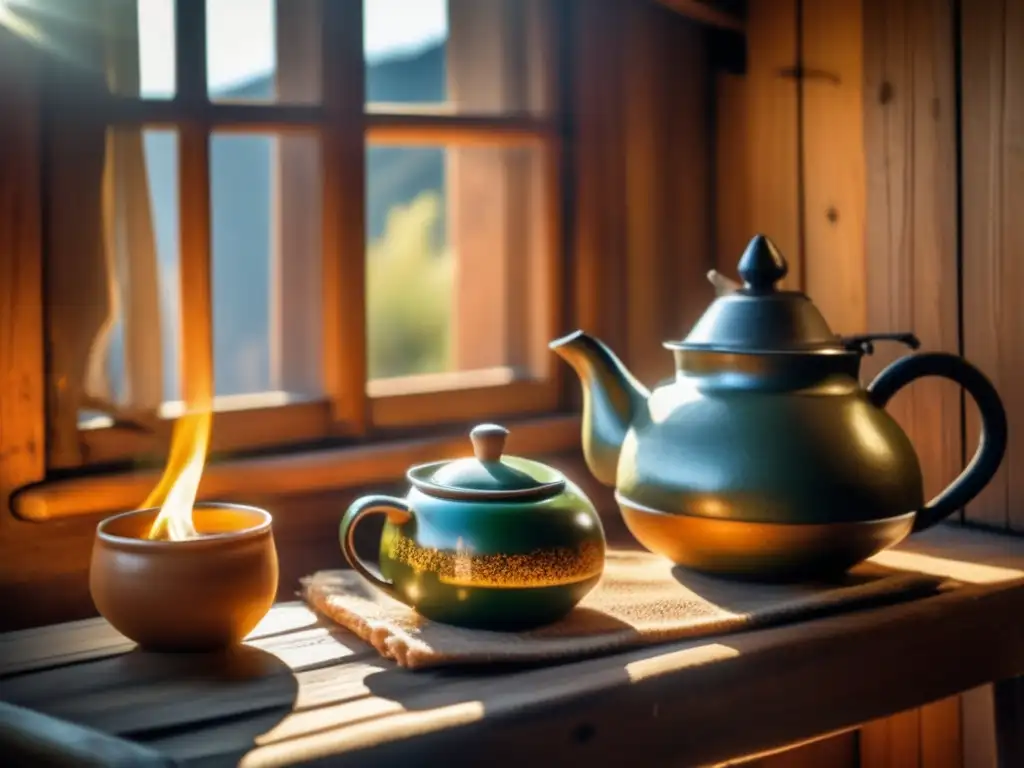 Rincón acogedor de una cabaña patagónica Tradición del mate en la Patagonia: acogedora esquina de una cabaña rústica con mate y libros clásicos