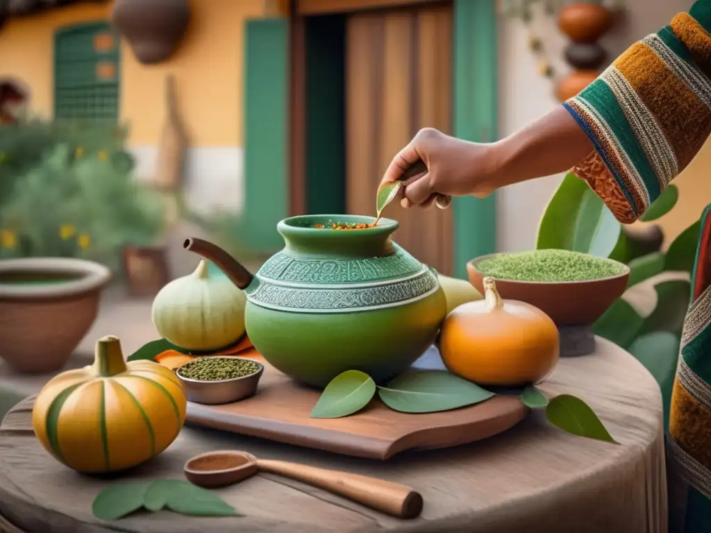 Tradición del mate en la región: ceremonia en un patio antiguo con mesa rústica, mate y yerba mate, rodeados de sillas antiguas y conversaciones