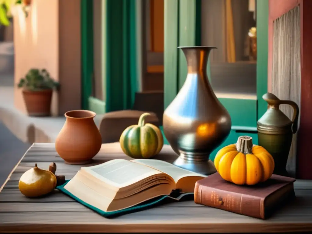 Tradición mate en patio argentino: mesa de madera gastada con mate y bombilla, rodeada de libros clásicos y luz cálida