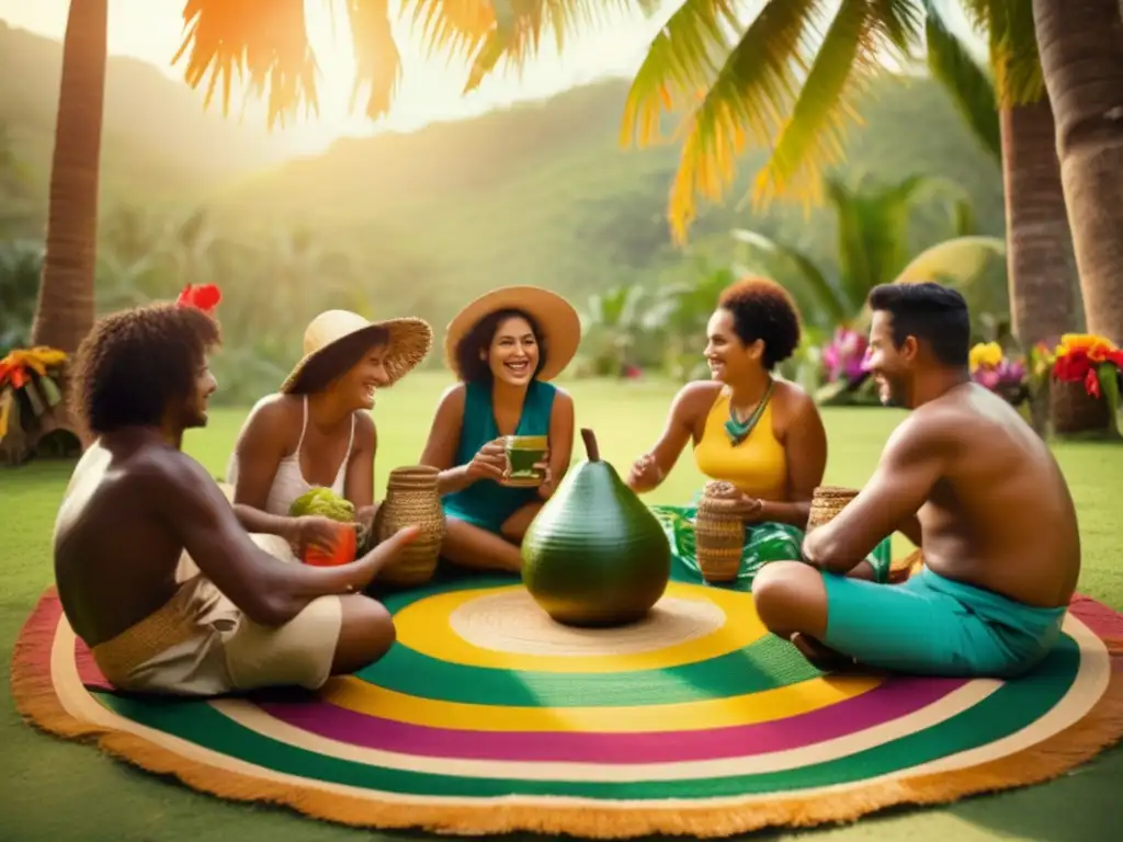 Tradición del mate en Brasil: reunión de personas en un entorno tropical, compartiendo mate y conversación, rodeados de naturaleza y cultura