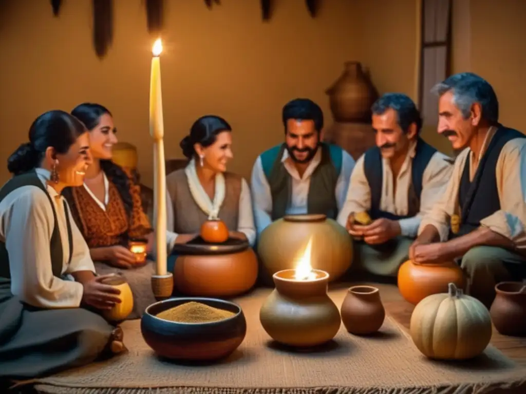 Tradición del mate en Uruguay: ceremonia con personas, mate y gourd vintage, camaradería y risas en una habitación rústica