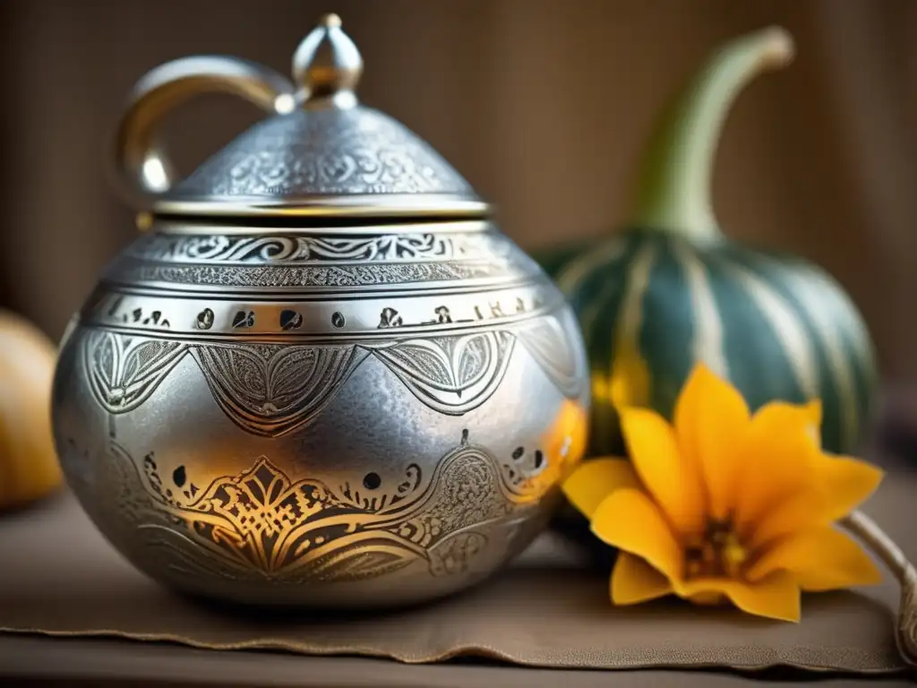 Mate de gala con detalles de plata Mate de plata adornado con grabados y diseño floral, lleno de mate recién hecho y bombilla de plata