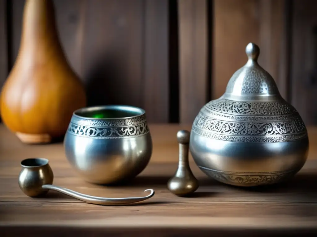 Mate de plata antiguo con bombilla decorativa, evoca tradición y nostalgia