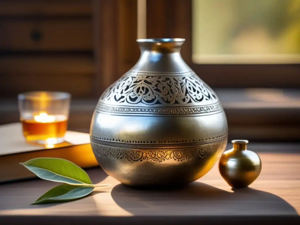 Mate de plata vintage con grabados y patrones florales, junto a una botella de cuero gastada con yerba mate