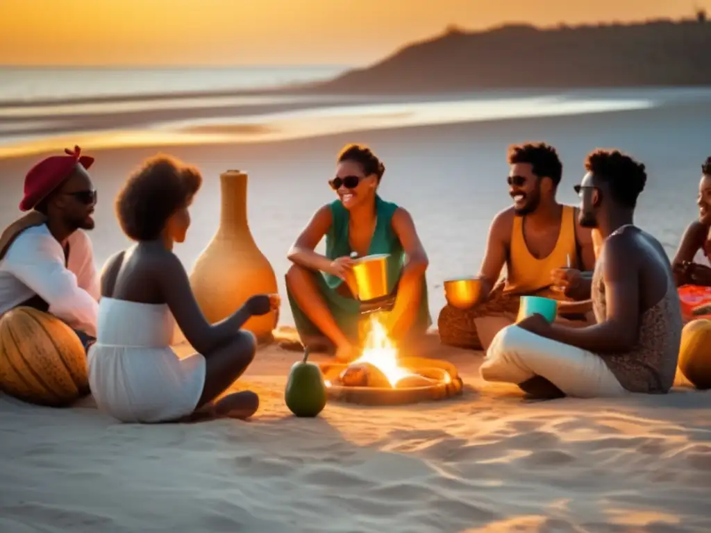 Tradición del mate en la playa: gente disfrutando del ritual con mate al atardecer en una playa con estética vintage