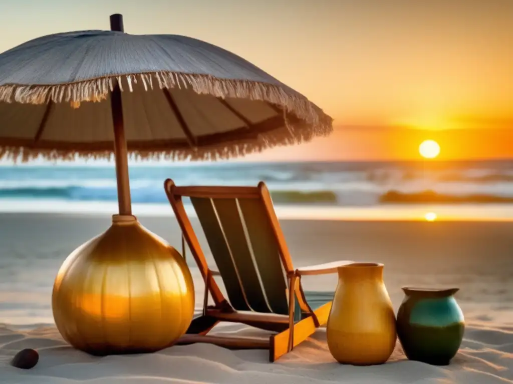 Tradición del mate en la playa: una imagen vintage de una serena escena de playa al atardecer, con el sol dorado en el horizonte y una mesa de madera desgastada con mate y yerba mate